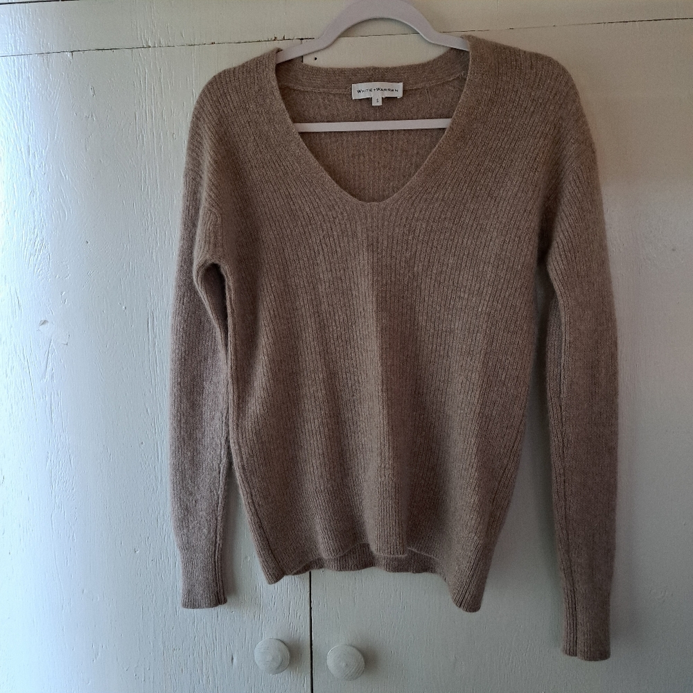 White + Warren Cashmere Soft V-Neck Ribbed Sweater SZ S